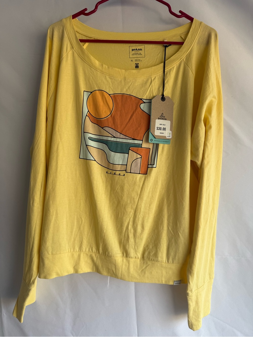 prAna Organic Graphic Long Sleeve Shirt Yellow XL NWT